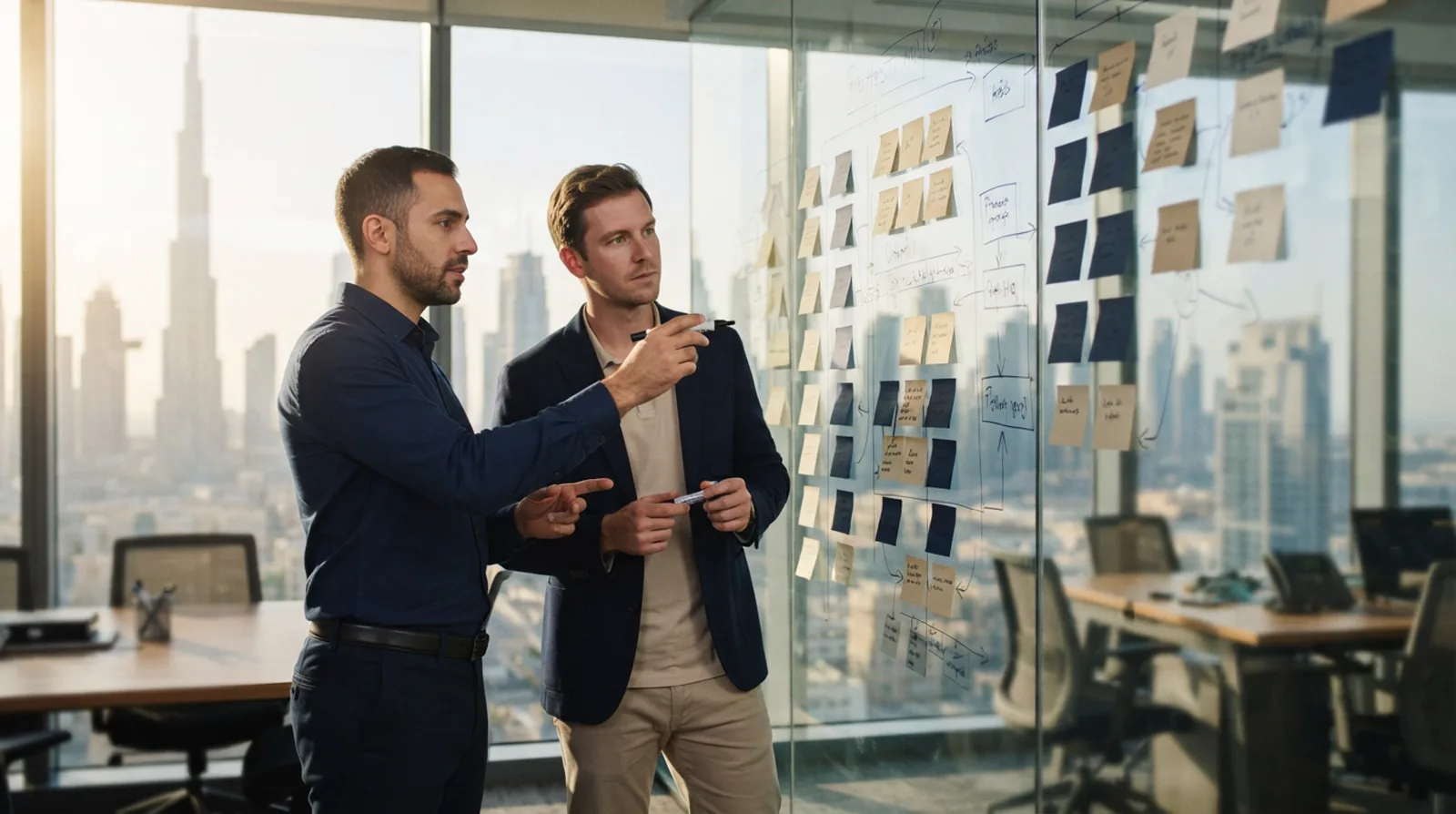 Consultant mapping a company formation timeline on a whiteboard in a Dubai office