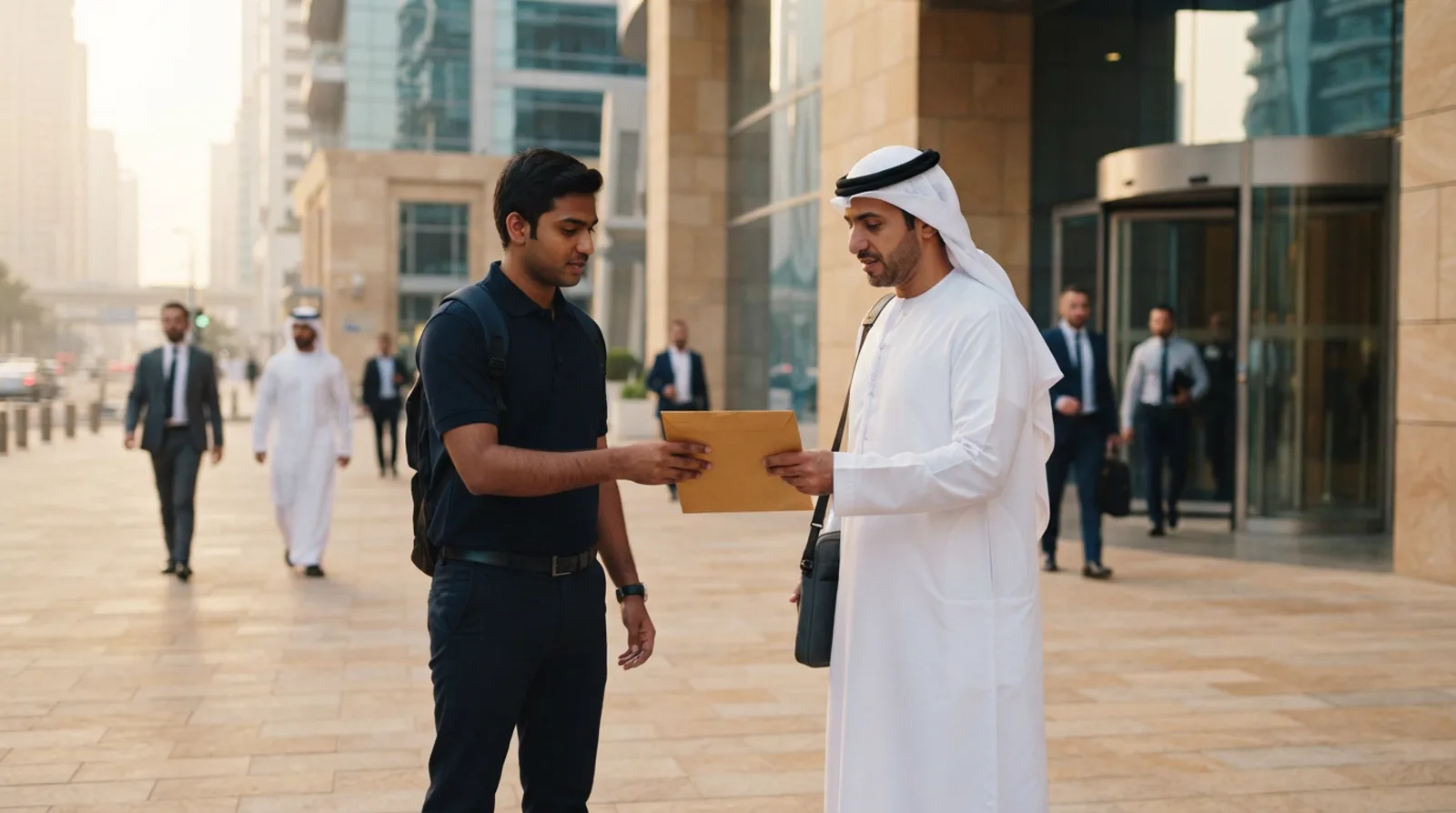 Courier in uniform handing a sealed document envelope to a man outside a Dubai office tower entrance in morning light