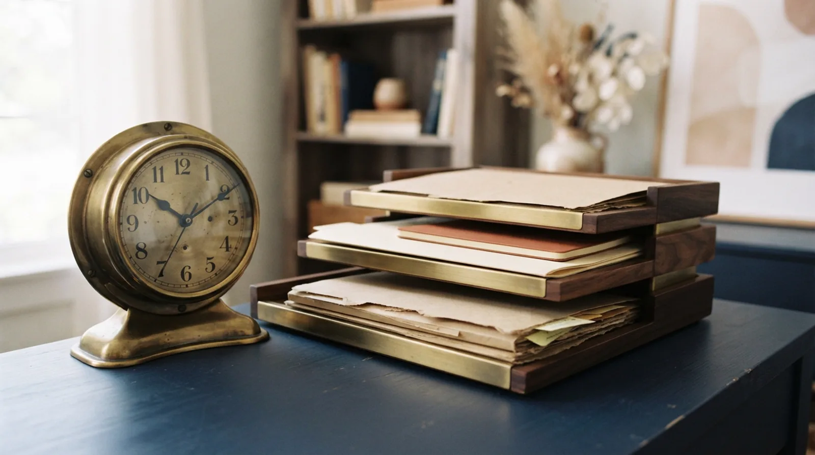 Brass desk clock beside three stacked document trays holding folders at different heights on a navy desk