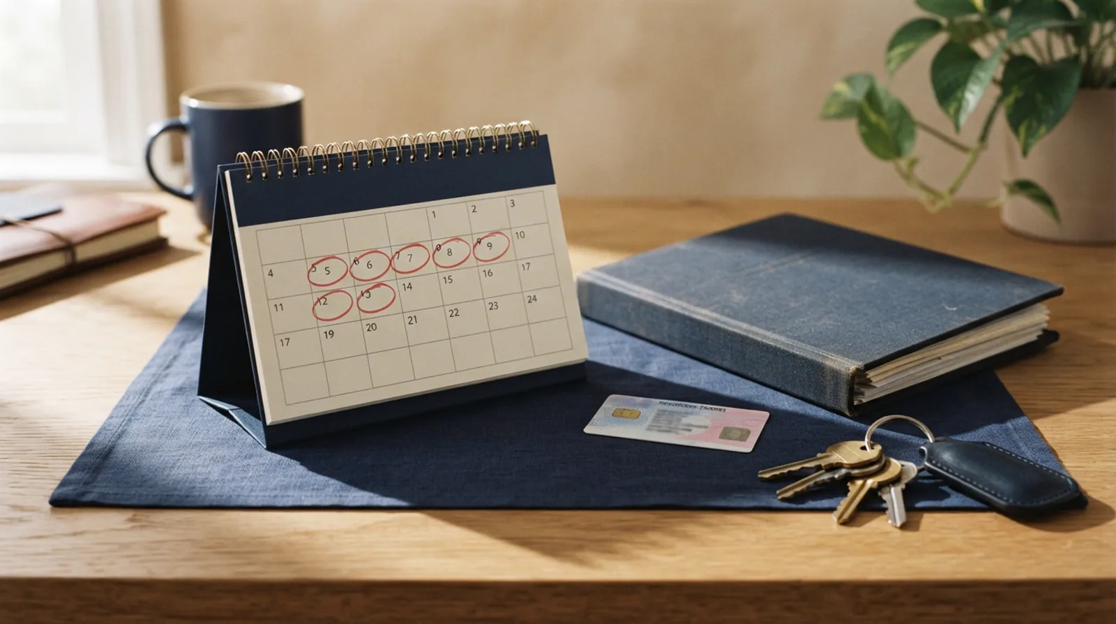 Desk calendar and UAE identity documents laid out for renewal planning in a Dubai office
