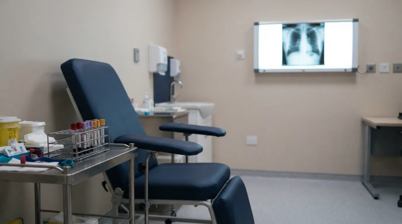 Blood sample and chest X-ray station at a Dubai medical fitness screening centre