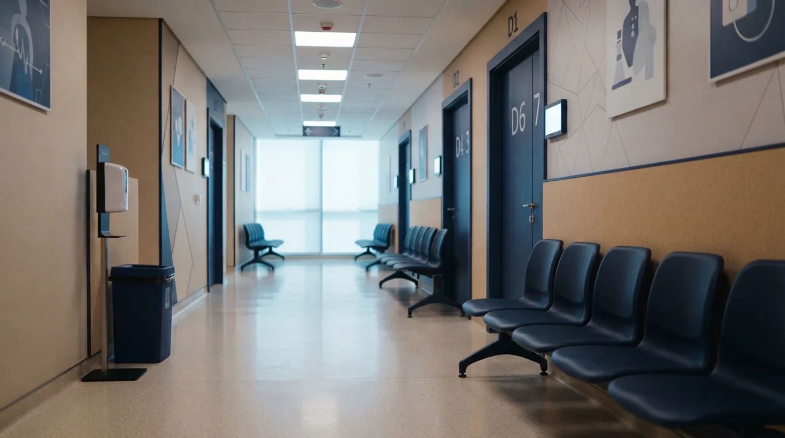 Quiet waiting corridor inside a Dubai medical fitness screening centre with numbered consultation doors and moulded seating