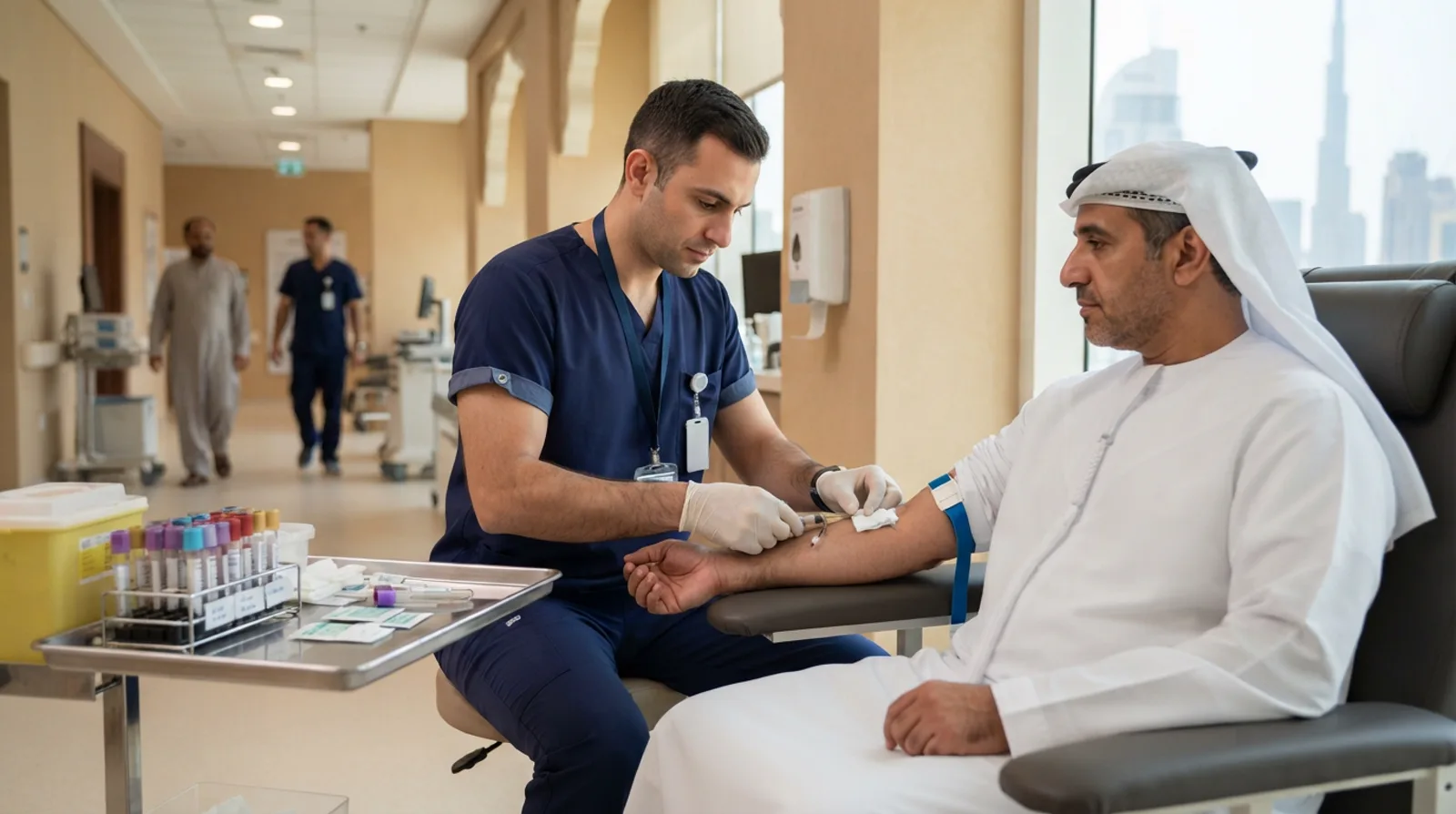 Technician in scrubs drawing a blood sample from a seated patient at a Dubai screening clinic with labelled sample tubes on the tray