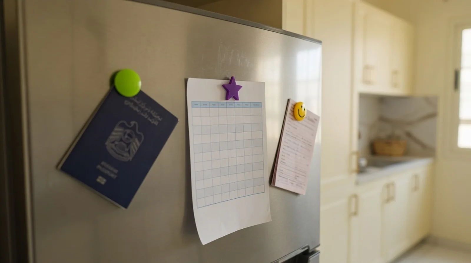 Parent at a Dubai school admissions counter handing a labelled document folder to a staff member who is checking a screen