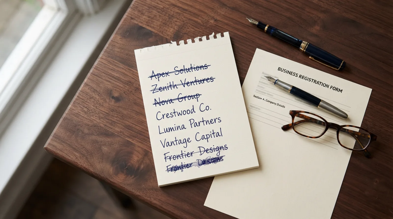 Shortlist of proposed company names on a notepad beside a Dubai trade name reservation form
