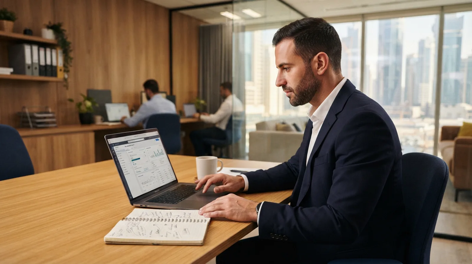 Man at a bright desk checking name availability on a laptop with a notebook of alternatives open beside him