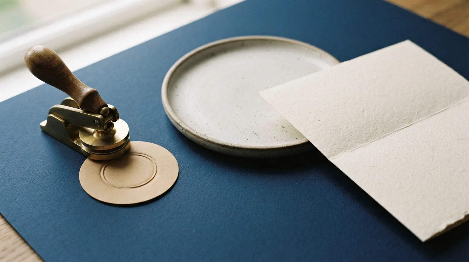 Close-up of a blank embossed company stamp and an unmarked plate mock-up beside a folded document on a navy surface