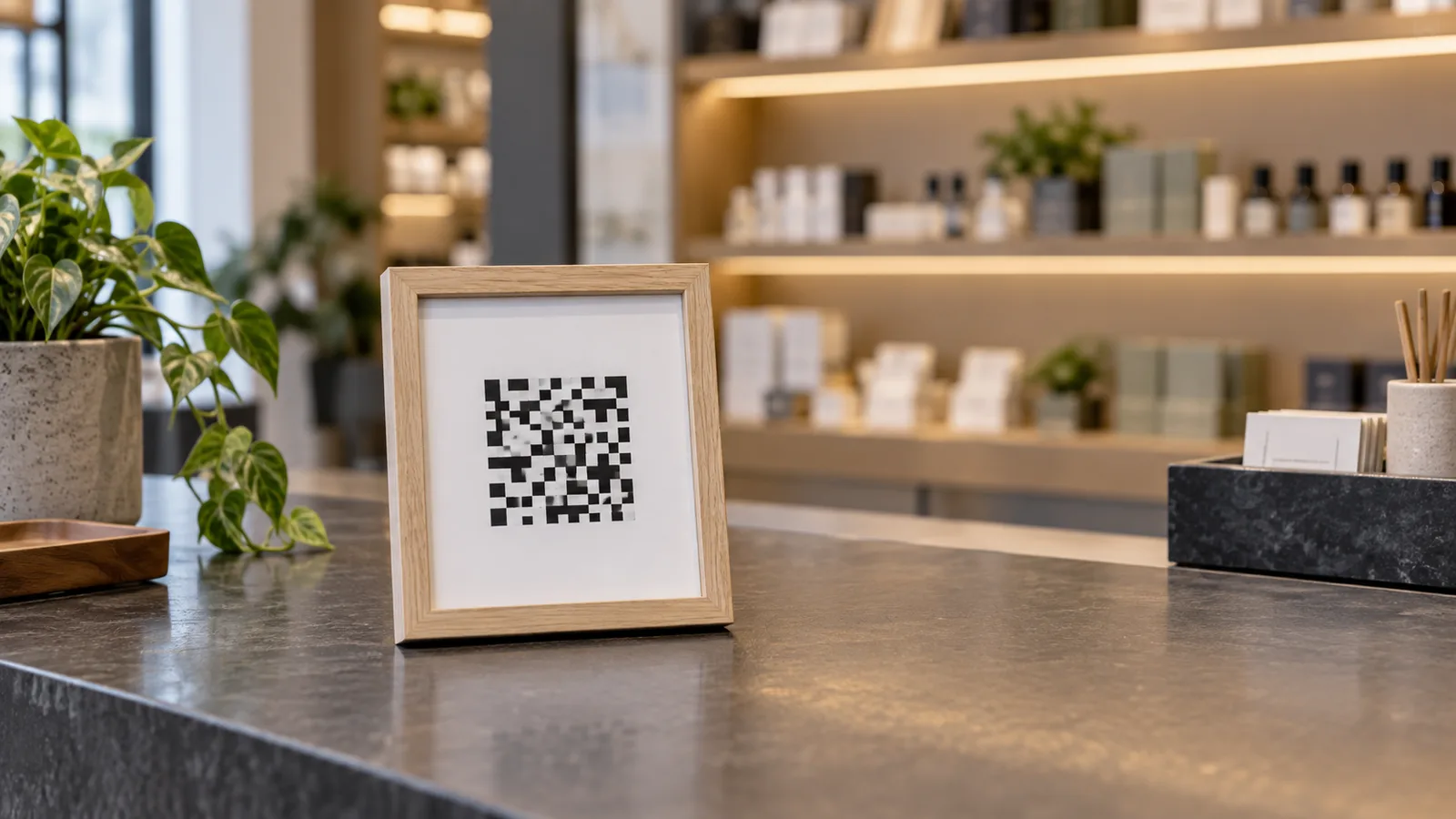Plain framed certificate with an abstract square code pattern on a shop counter