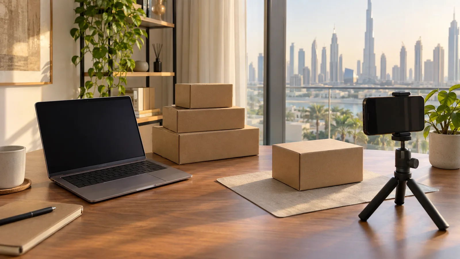Home workspace with a laptop, packed parcels and a phone on a tripod for product photos
