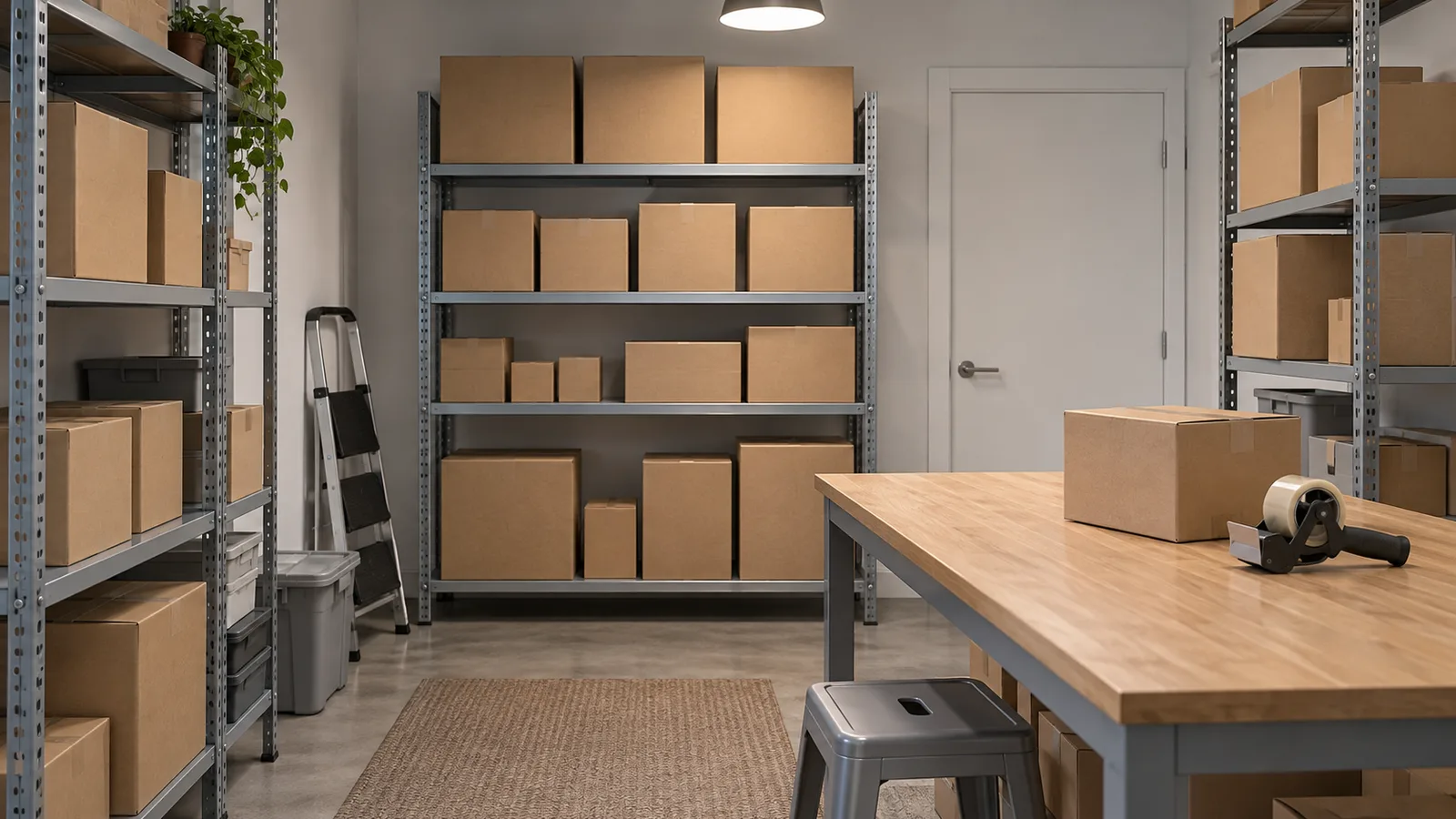 Small warehouse shelving with plain boxes and a packing table