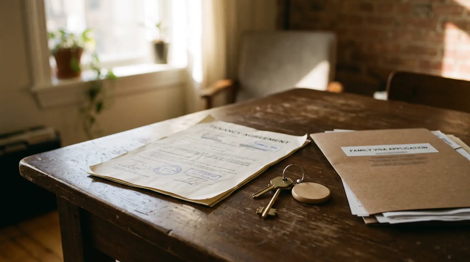 An Ejari-registered tenancy contract and apartment keys on a table beside a family visa application