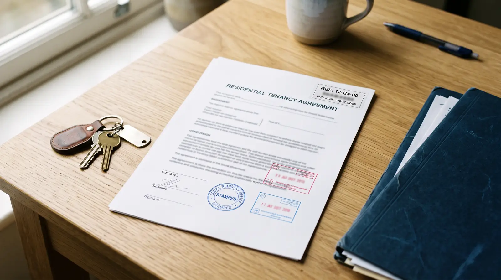 An Ejari-registered tenancy contract with its registration number visible, beside apartment keys and a family visa application folder