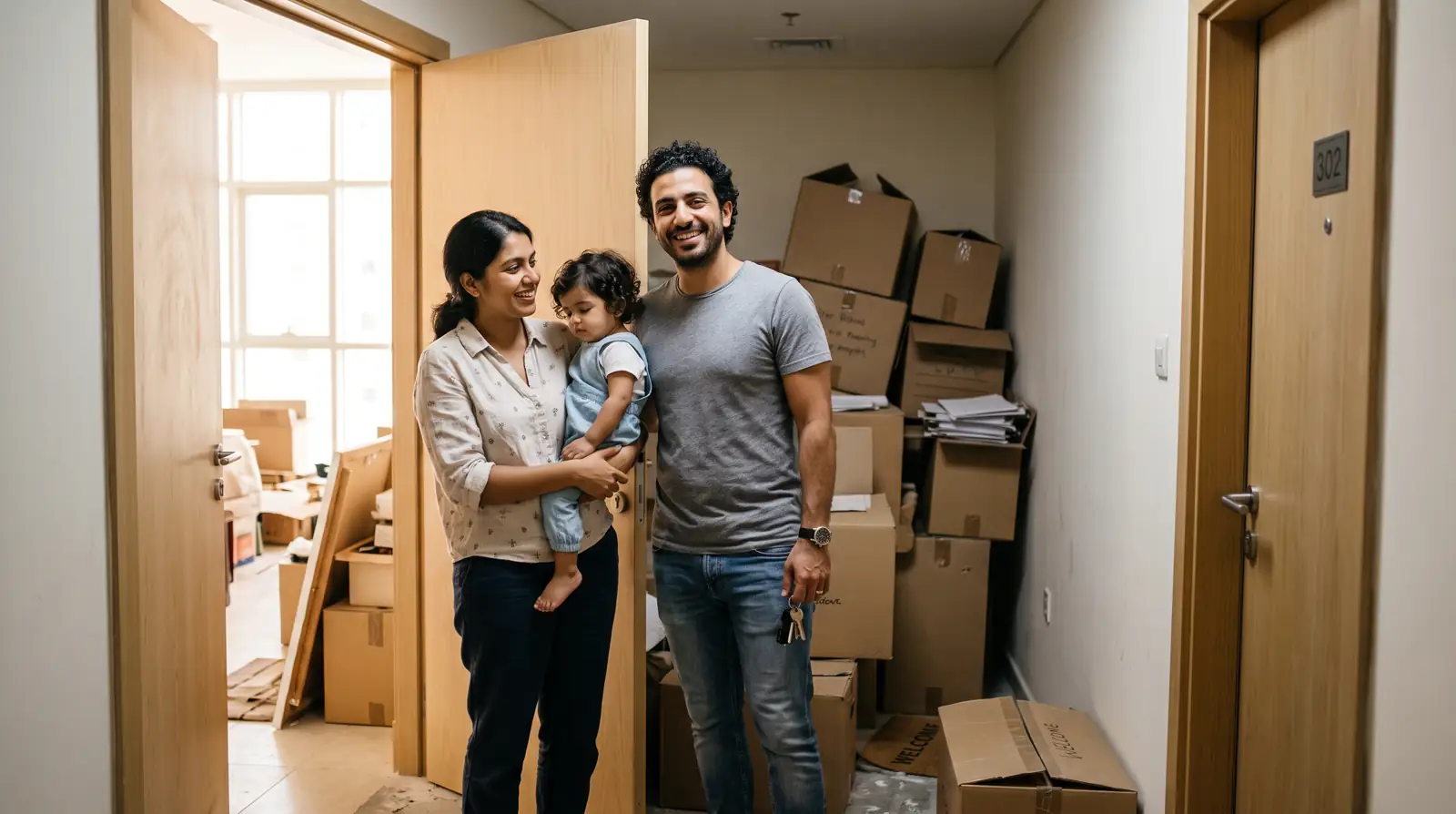 A family standing in the doorway of a newly rented Dubai apartment with paperwork and boxes behind them