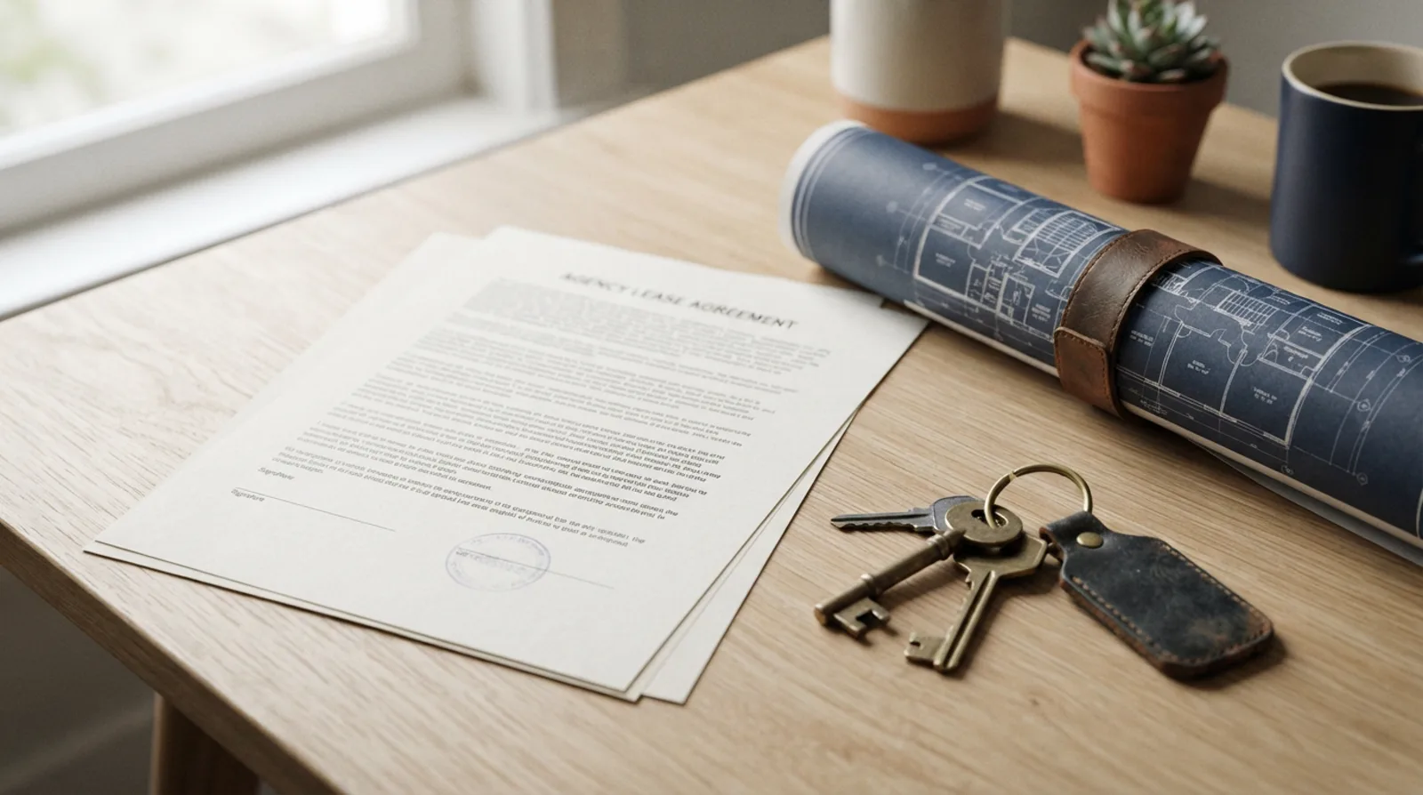 Office tenancy contract and floor plan on a desk in a Dubai commercial building