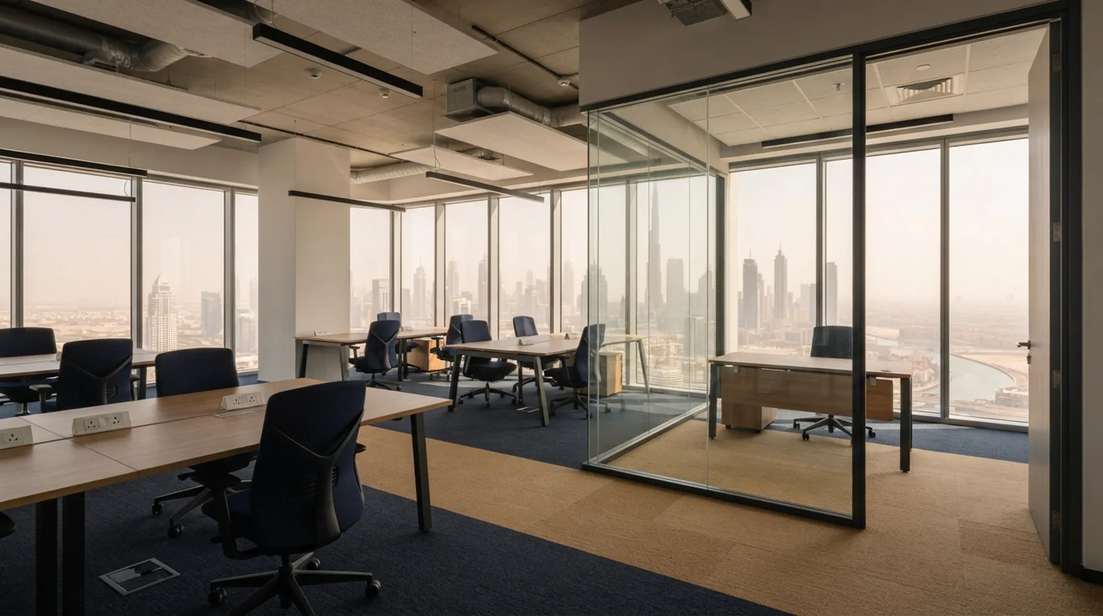Empty fitted office suite in a Dubai tower with bare desks, chairs, a glass partition and a floor-to-ceiling city view