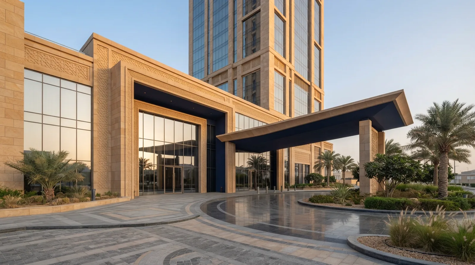 Ground-level exterior of a modern Dubai commercial tower entrance with sand-coloured stone cladding and glass doors