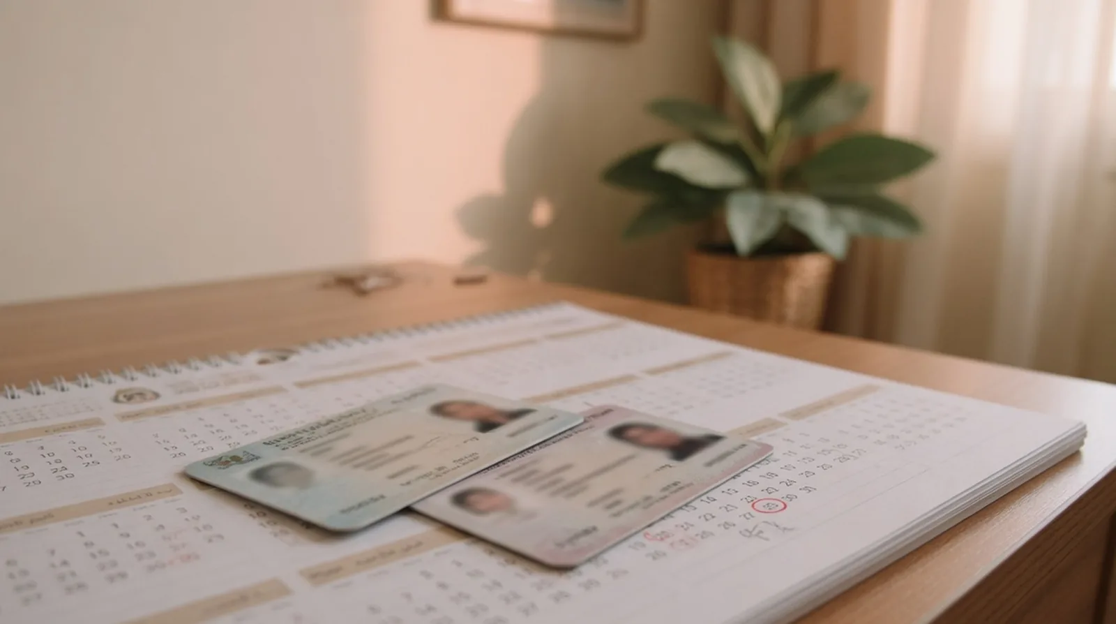 An adult and a child Emirates ID card resting on a wall calendar on a Dubai desk