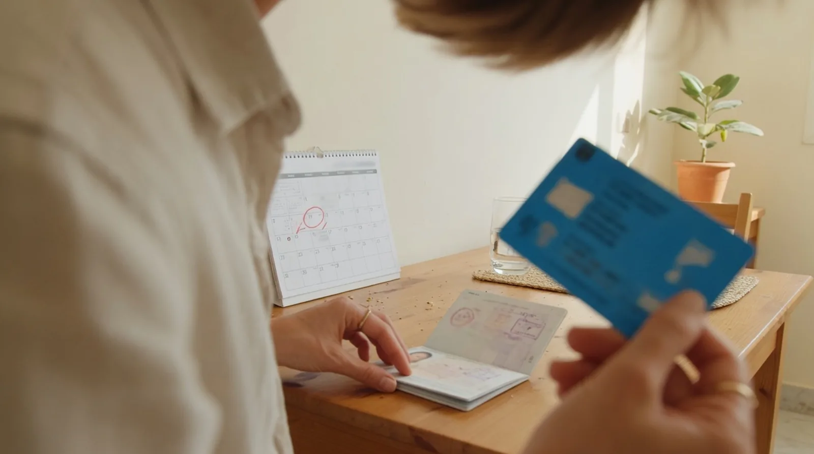 Parent at a kitchen table with a sleeping infant, an open infant passport and a small white-background baby photograph