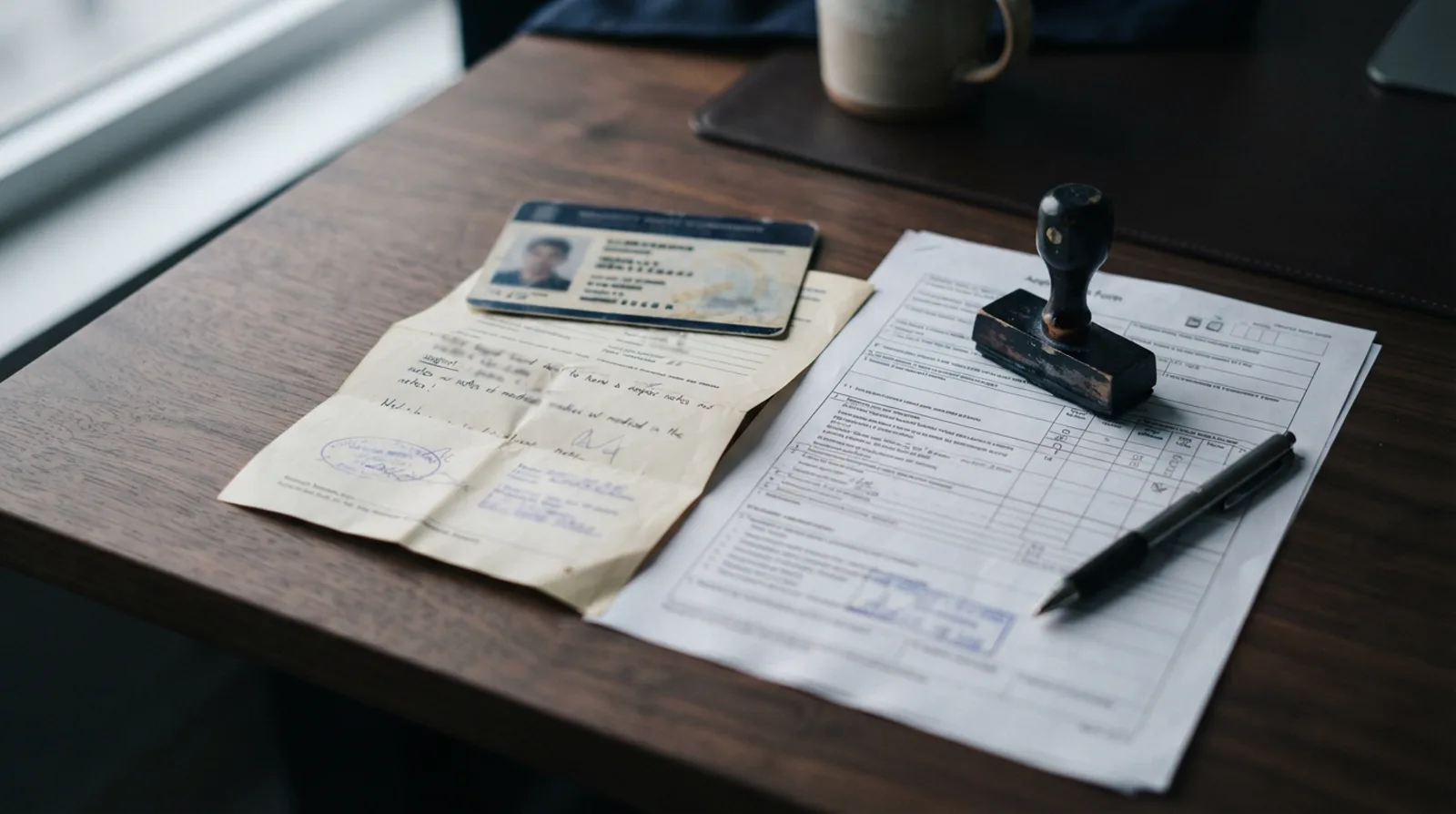 Identity card, folded medical report and a typed application form arranged on a desk beside a rubber stamp
