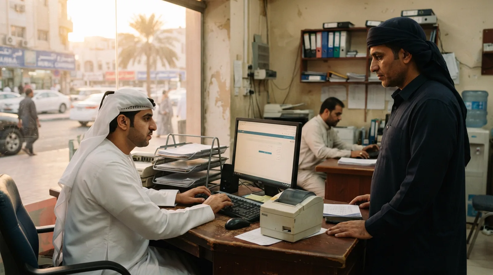 Typing centre clerk entering an application on a desktop computer in Dubai while a customer waits at the counter