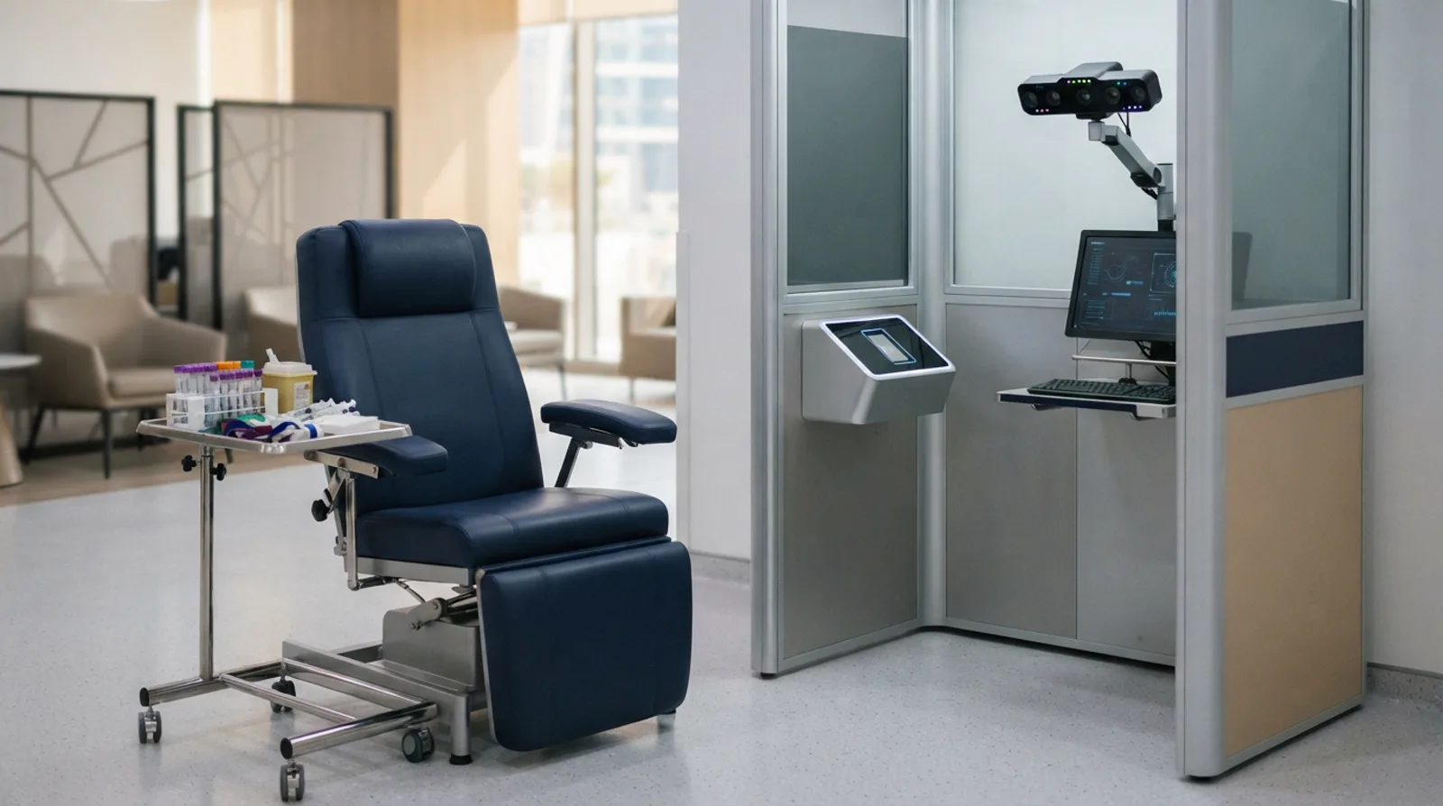 Medical fitness screening station beside a biometric capture booth in a clean modern Dubai centre