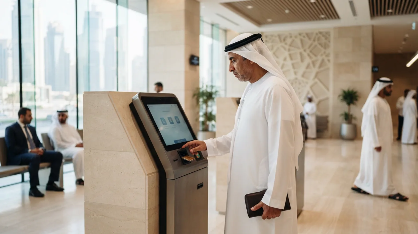 Man using a self-service government kiosk terminal with a card slot and touchscreen in a Dubai service centre