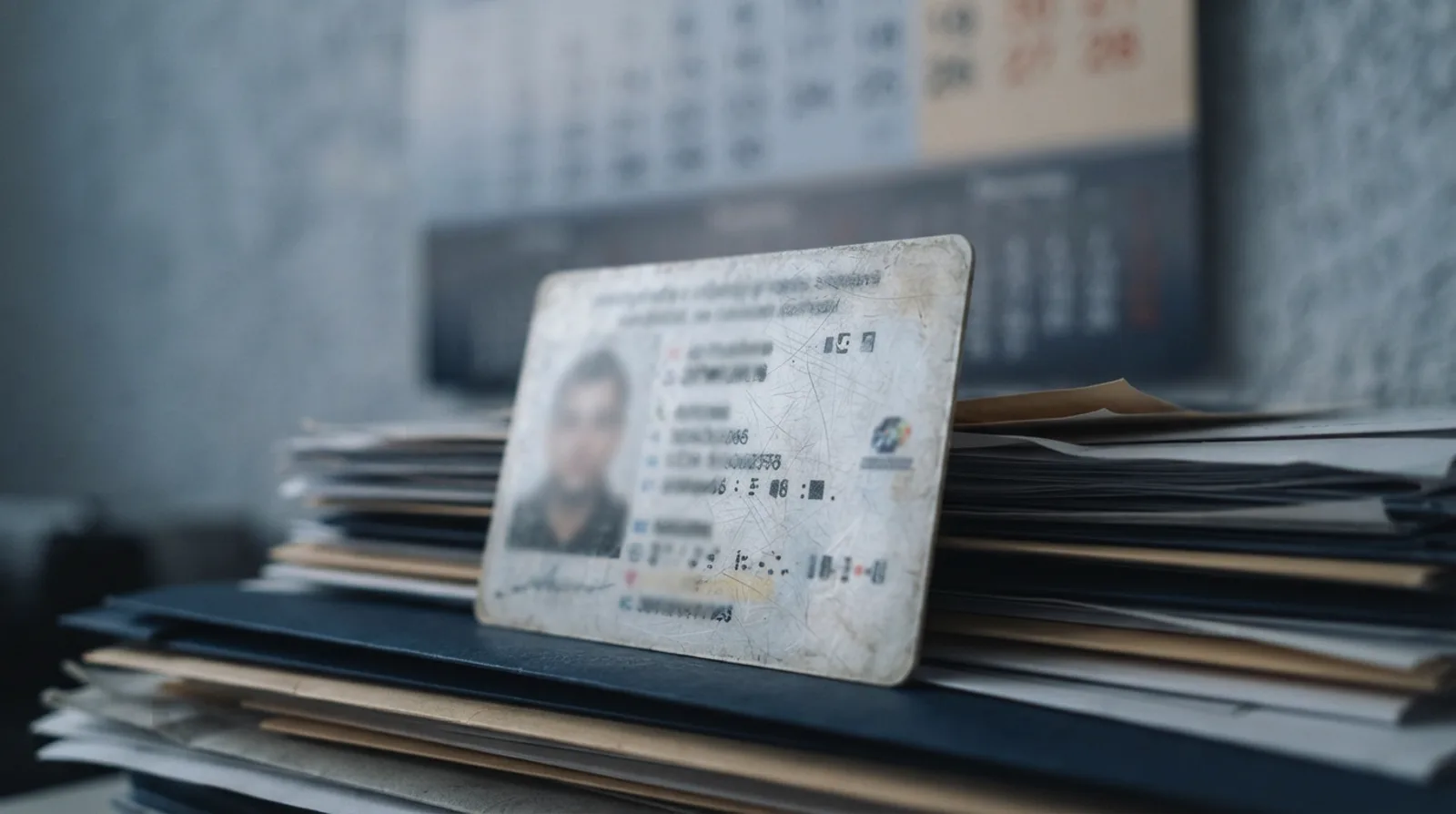 Worn Emirates ID card propped against a stack of document files with a wall calendar blurred behind it