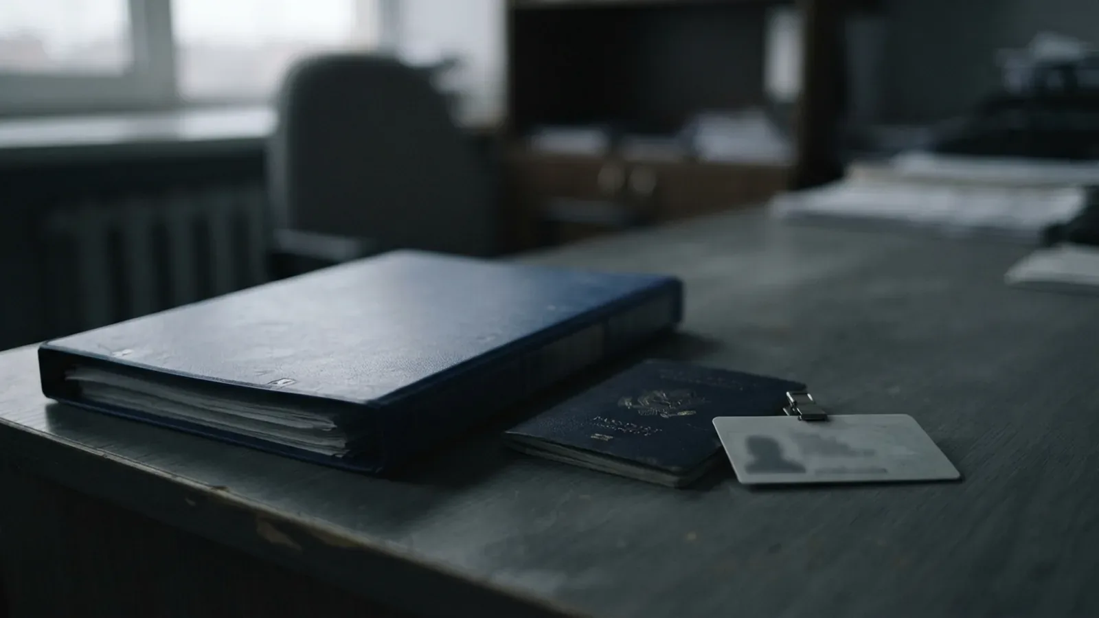 Closed navy binder, a passport and an identity card on a dark office desk
