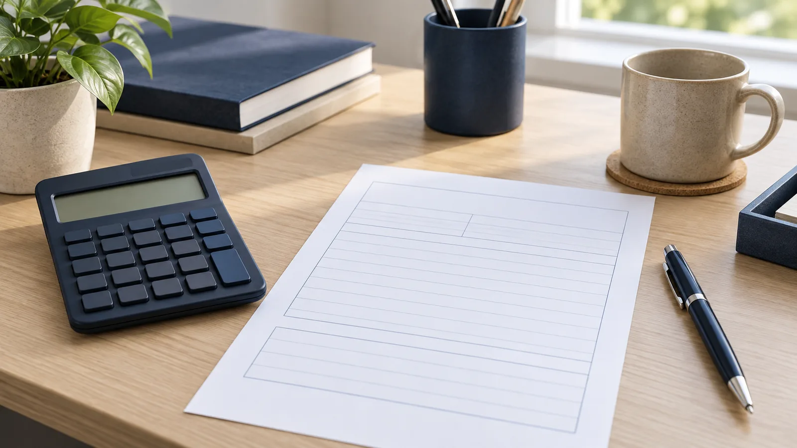 Calculator, a plain settlement form and a pen on an office desk