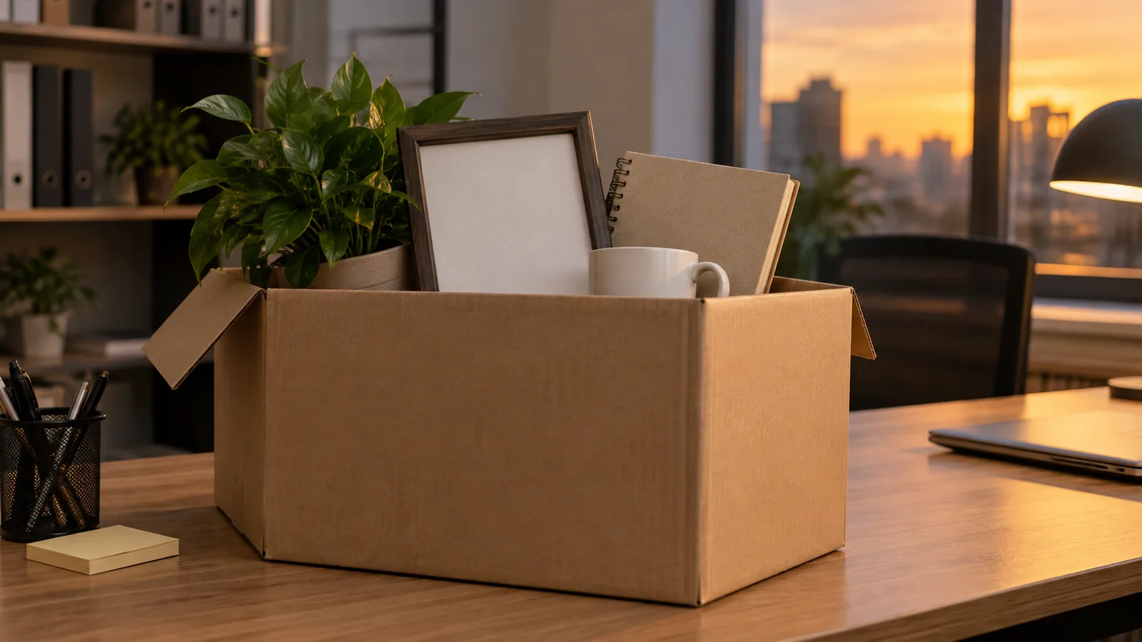Cardboard box with office items packed on a desk at the end of a job