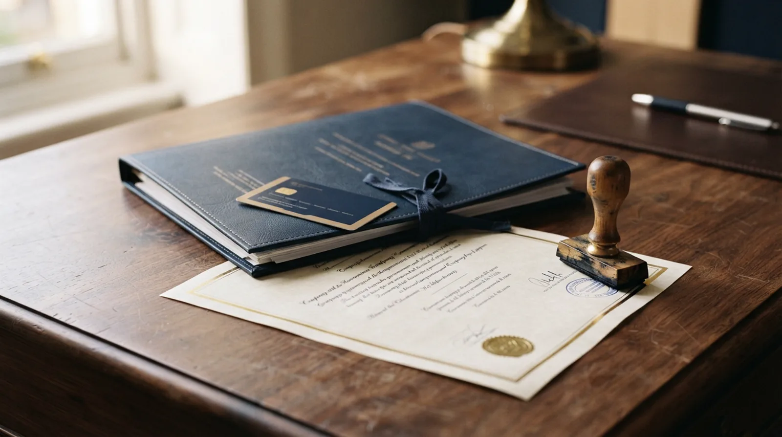 Company registration documents and establishment card paperwork on a Dubai office desk