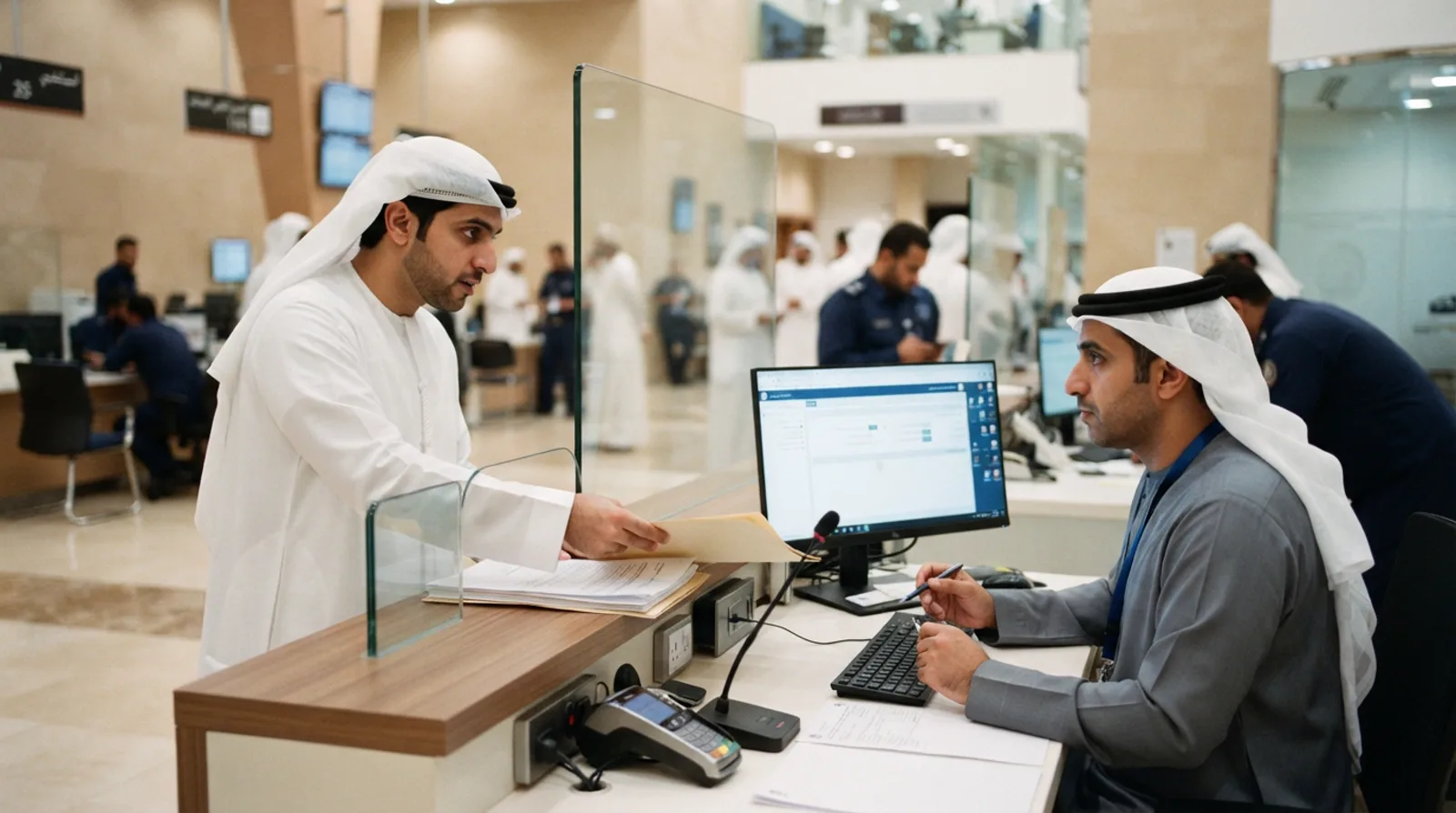 Man submitting a labour file application at a Dubai ministry service counter while an officer checks documents on a monitor