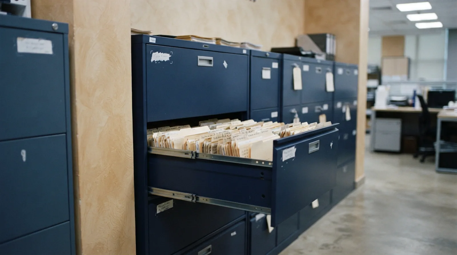 Wall of labelled employee record files in a tidy Dubai HR office with one drawer pulled open showing tabbed folders