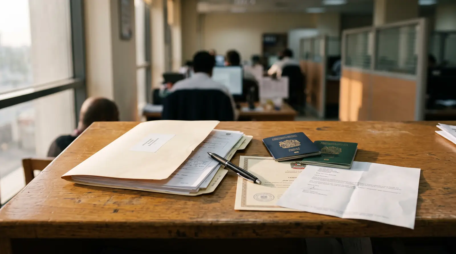 A returned family visa file with passports and a marriage certificate on a Dubai typing centre desk