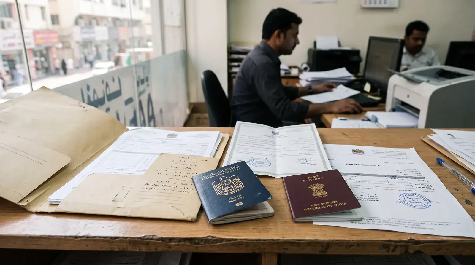 A returned family visa application folder open on a Dubai typing centre desk with passports, a marriage certificate and a salary certificate laid beside it