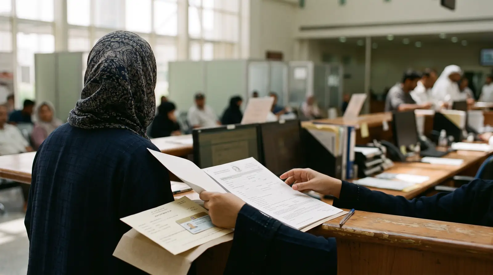 A parent checking a medical fitness appointment slip and a health insurance card against a residence visa application at a Dubai Amer service centre counter