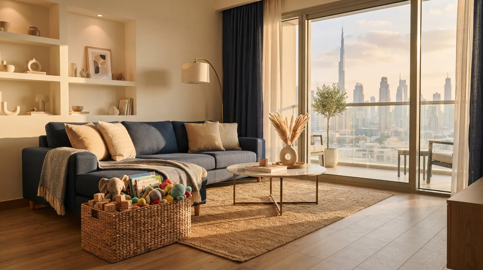 Bright family apartment living room in Dubai with a sofa, a basket of stacked toys and a balcony door showing city towers