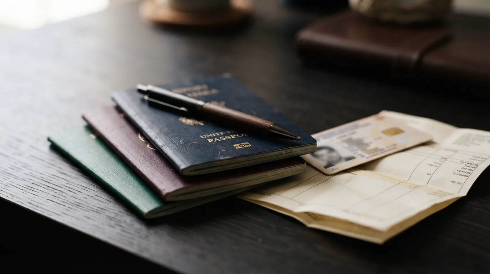 Close-up of three stacked passports with an identity card and a folded bank salary statement on a dark desk