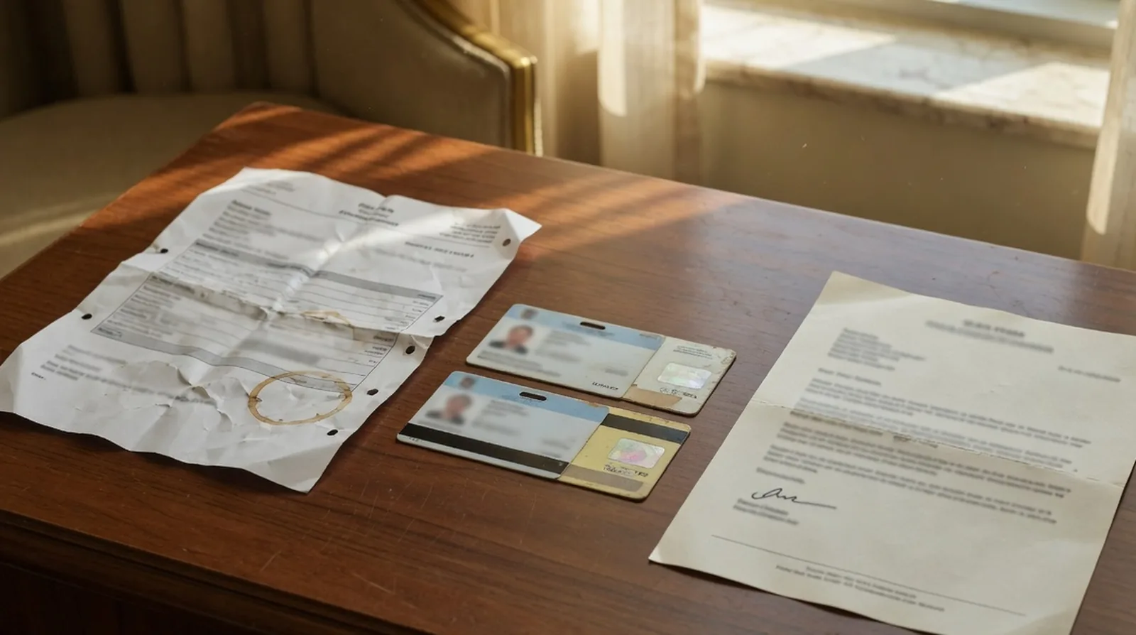 Two Emirates ID cards, a signed letter and creased residence paperwork spread across a Dubai office desk