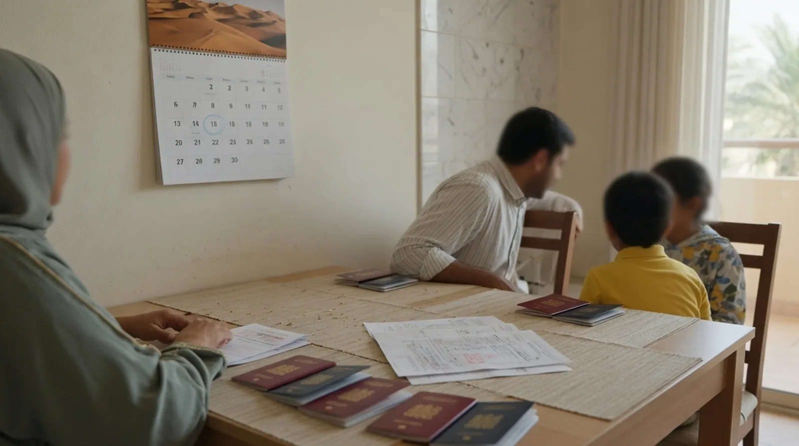 Family of four at a Dubai apartment dining table with four open passports, a cancellation printout and a circled date on a wall calendar