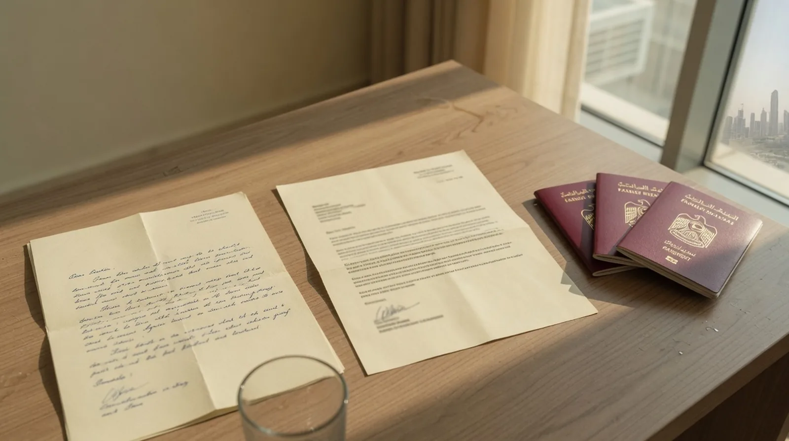 Close-up of a cancelled residence printout, two Emirates ID cards and a new employer offer letter arranged in a row on a dark desk