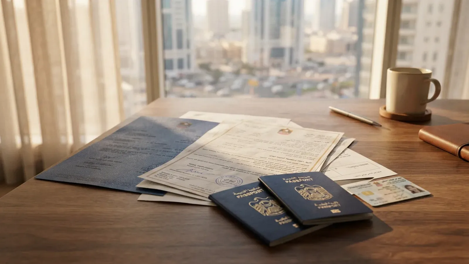 Passports and paperwork spread on a desk beside a window overlooking Dubai