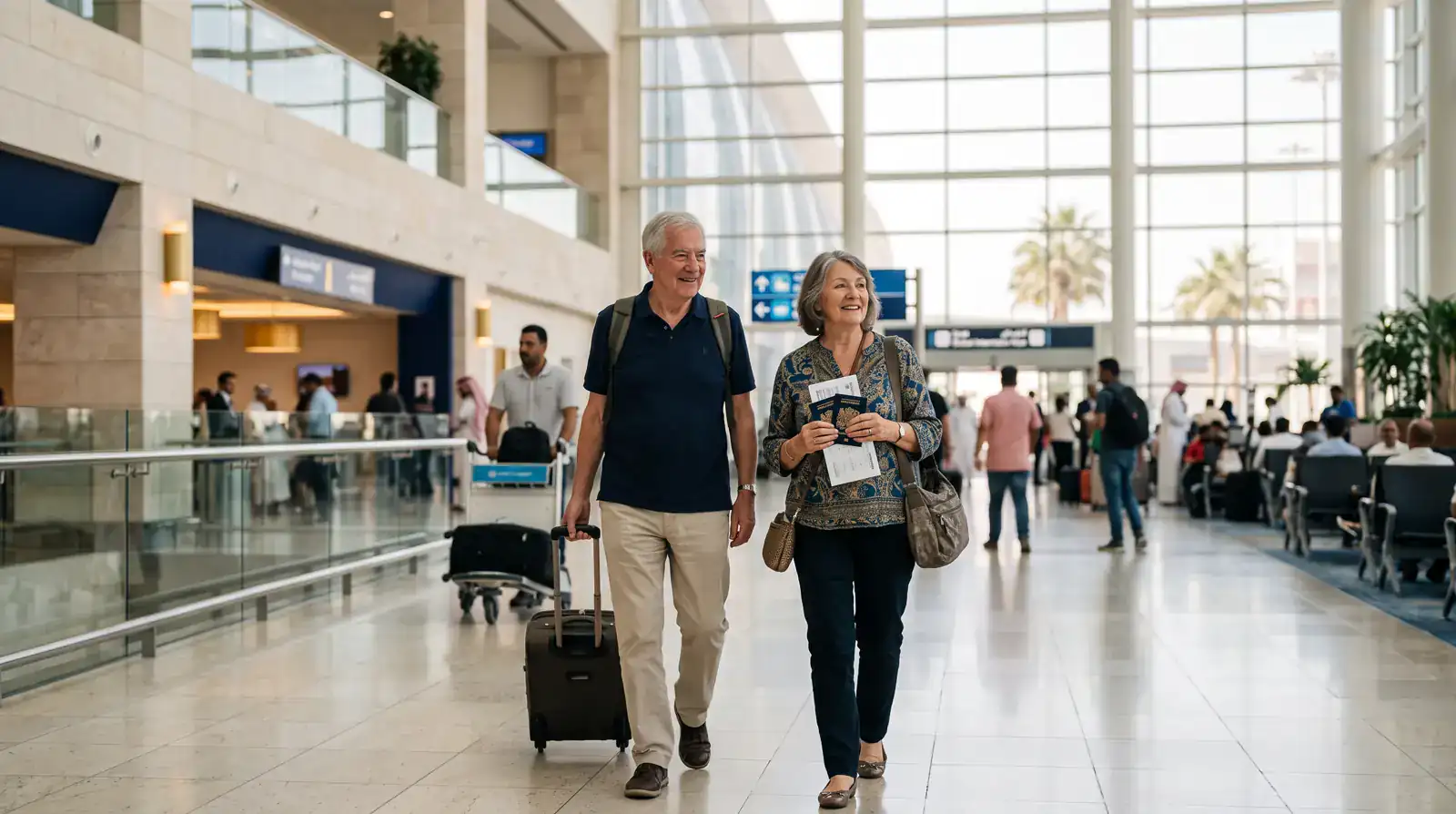 Grandparents arriving at Dubai airport with a visit visa printout and passports in hand