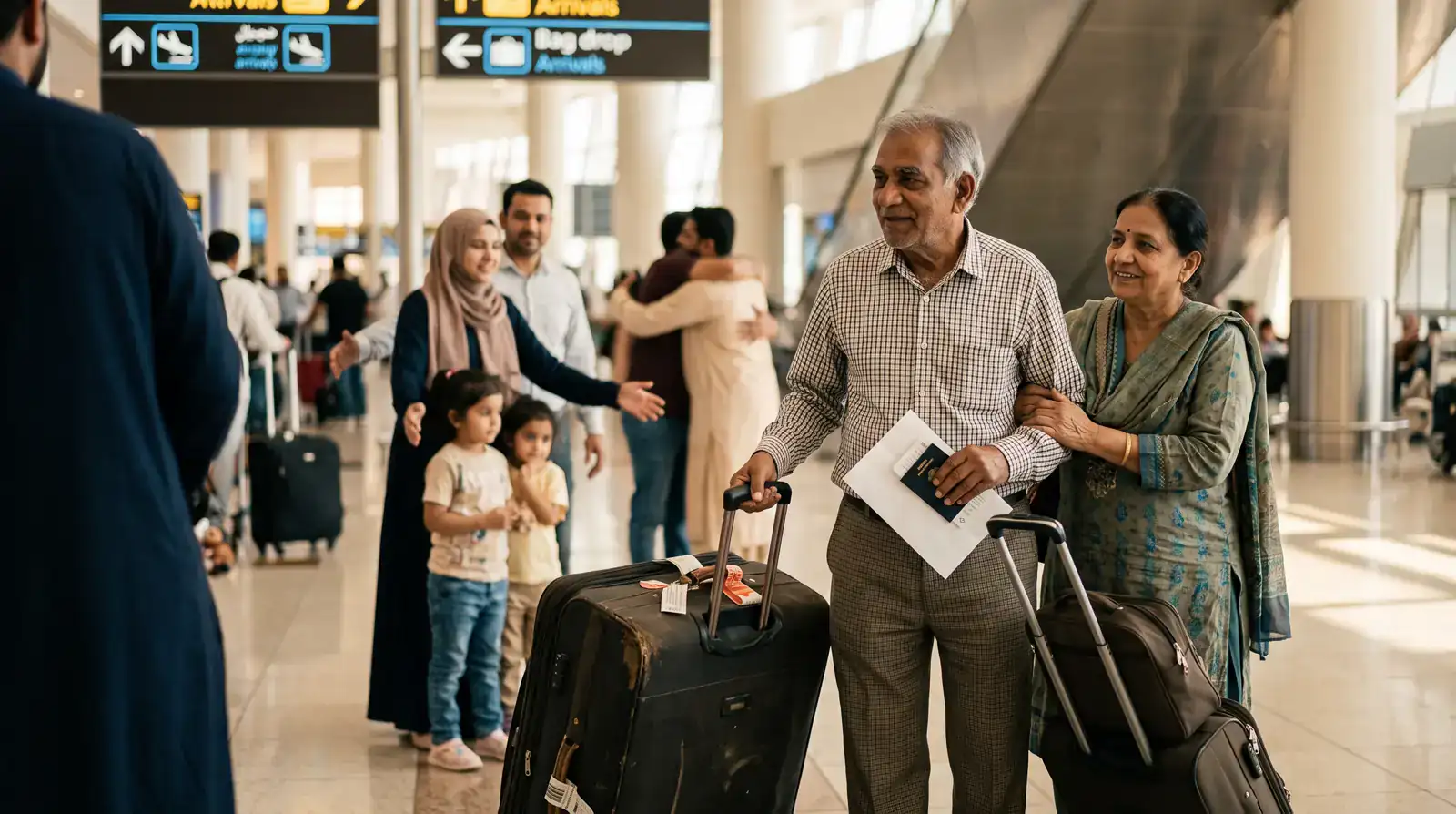 Grandparents arriving at Dubai airport with a visit visa printout and passports in hand