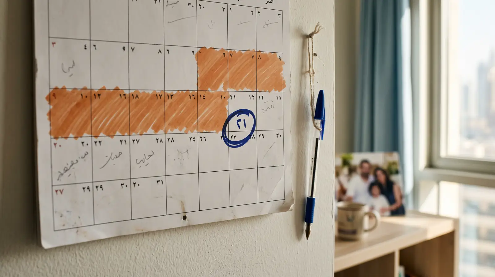 A wall calendar in a Dubai home with a visit period and an extension deadline marked in different colours