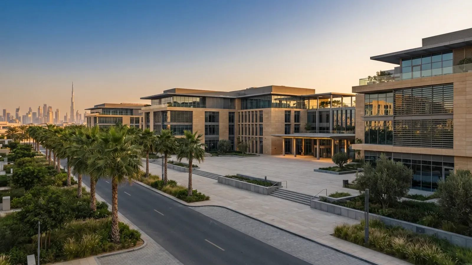Low-rise office buildings and palm-lined roads with Dubai towers in the distance