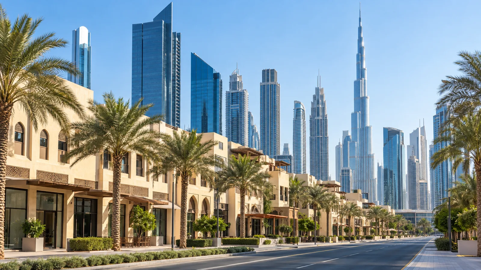 Modern free zone office towers beside an older low-rise commercial district in Dubai