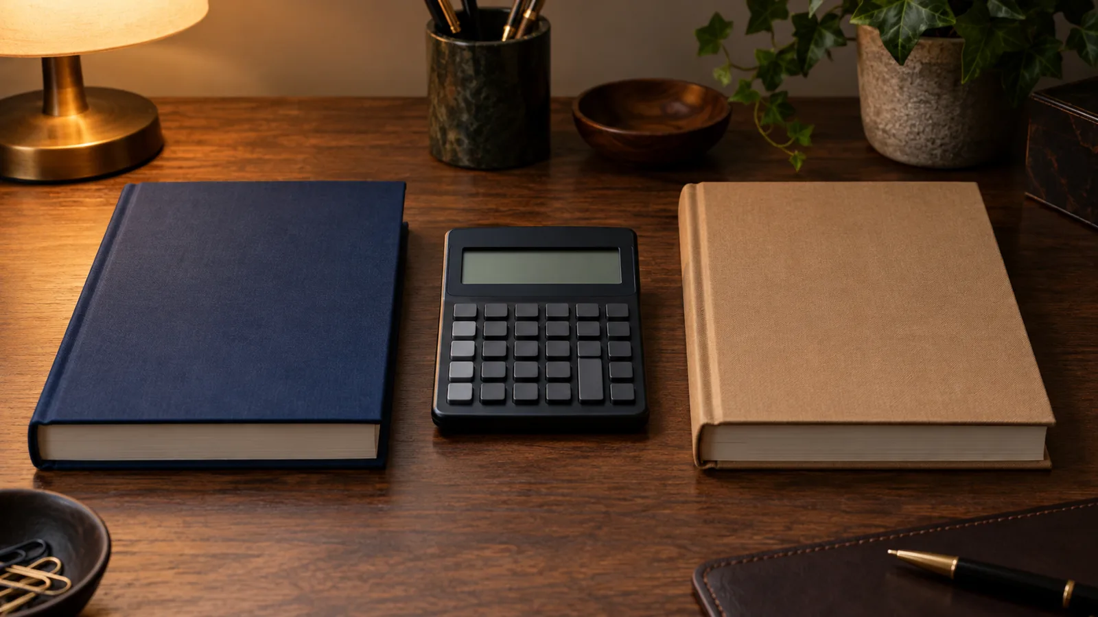 Two separate ledger books on a desk with a calculator between them