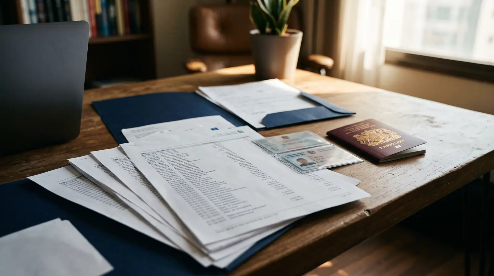 A freelance permit, bank statements and a golden visa card arranged on a desk for a UAE family sponsorship application