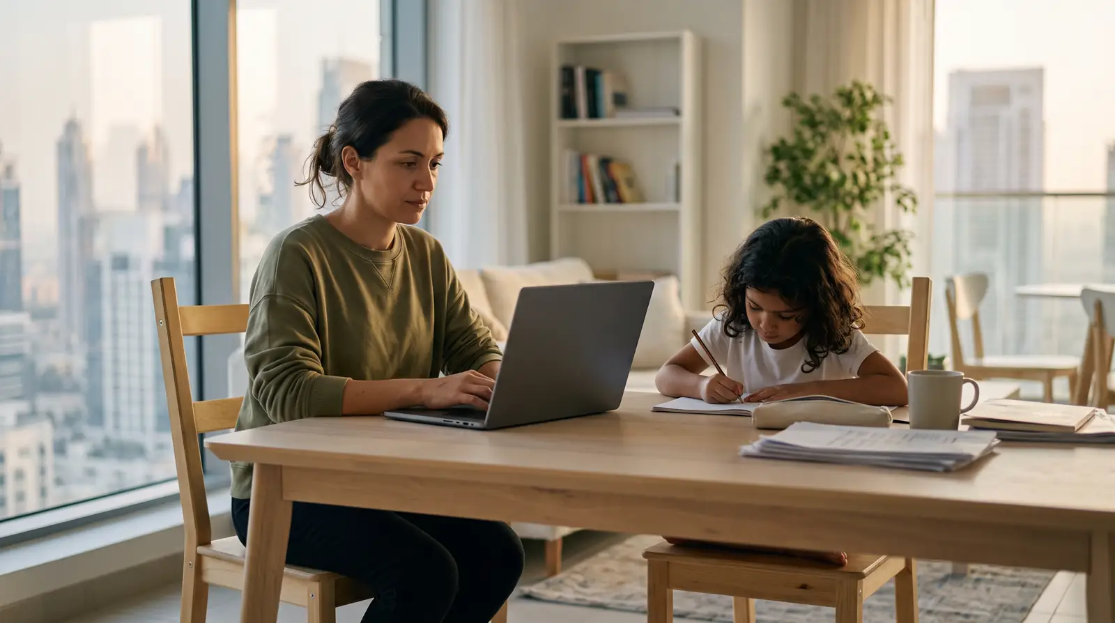 A self-employed parent working at a home desk in Dubai while a child does homework at the same table